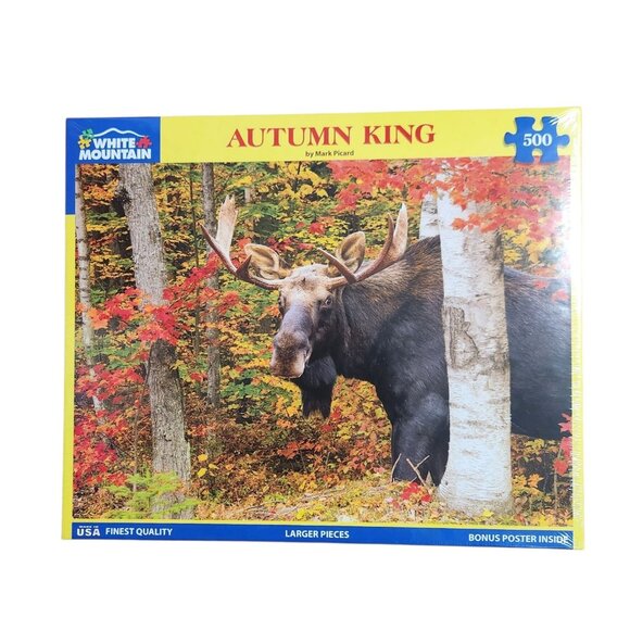 White Mountain Autumn King Moose Puzzle 500 pcs Mark Picard New w/ Poster - Picture 1 of 3